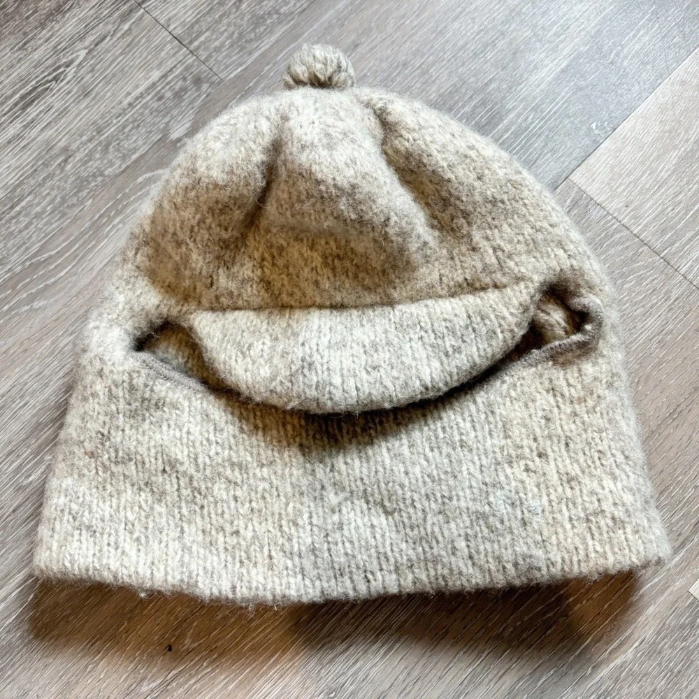 Vtg Balaclava 85% Pure Wool Face Ski Mask‎ Visor Pom Oatmeal Beige Knit